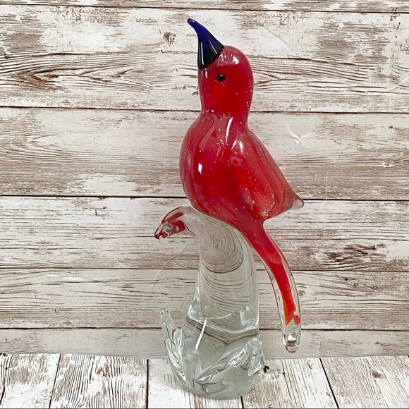 Vintage 9” Red Cardinal Bird on a Clear Branch Murano Style Art Glass Decor - Picture 2 of 13